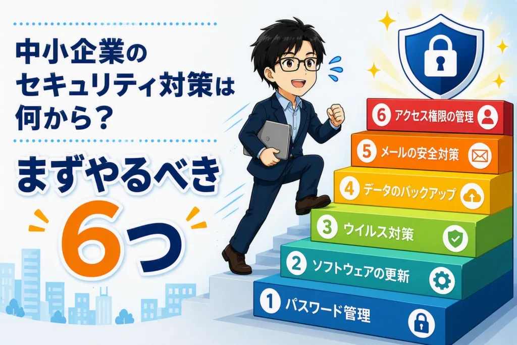 中小企業がまず取り組むべき6つのセキュリティ対策を階段形式で示したイラスト