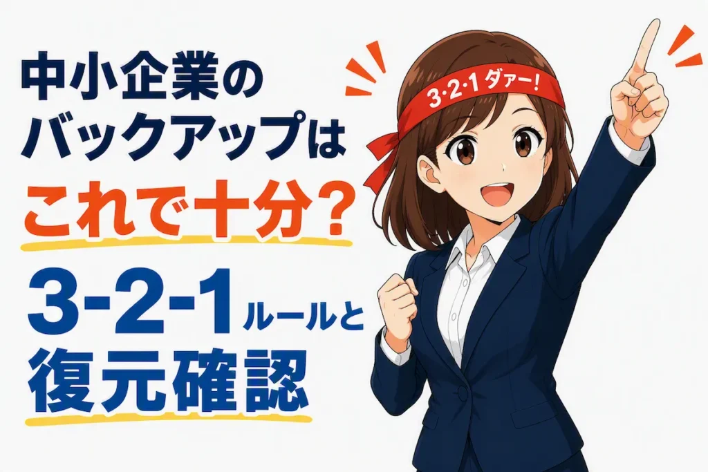 中小企業のバックアップ対策として3-2-1ルールと復元確認を紹介するアイキャッチ画像