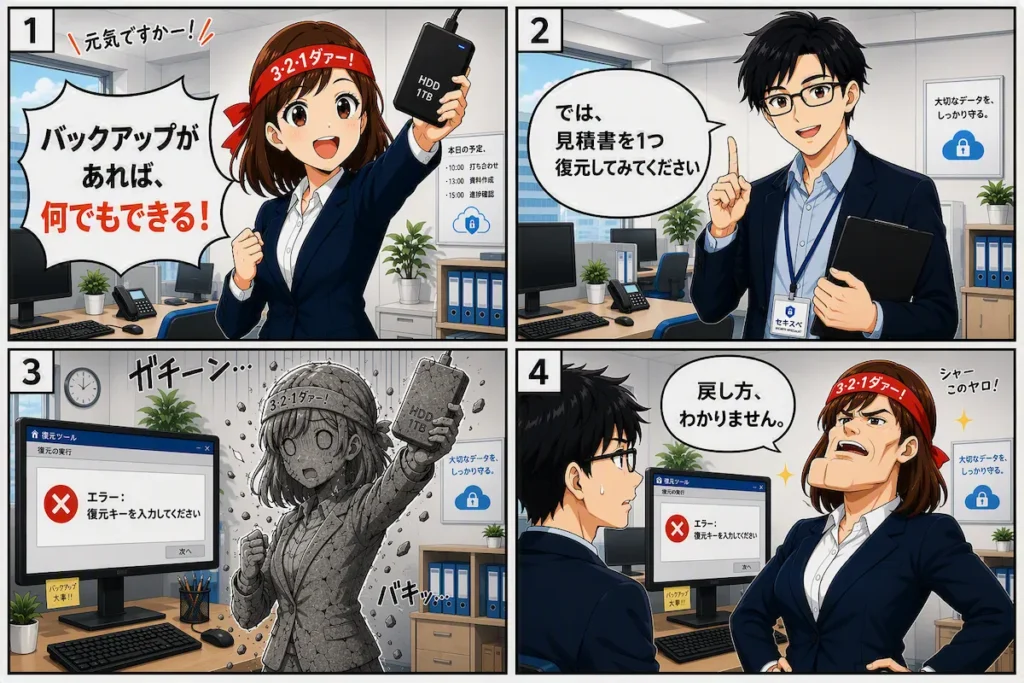 バックアップから見積書を復元できず固まる担当者を通して復元テストの重要性を伝える3-2-1ルールの4コマ漫画