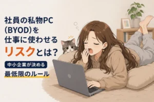自宅のクッションに寝転がり、あくびをしながら私物PCで仕事をする社員と、PC画面を覗き込む猫