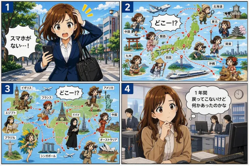 会社のスマホを紛失した担当者が国内各地や海外を探し回り、1年後に会社の同僚が心配する様子を描いた4コマ漫画