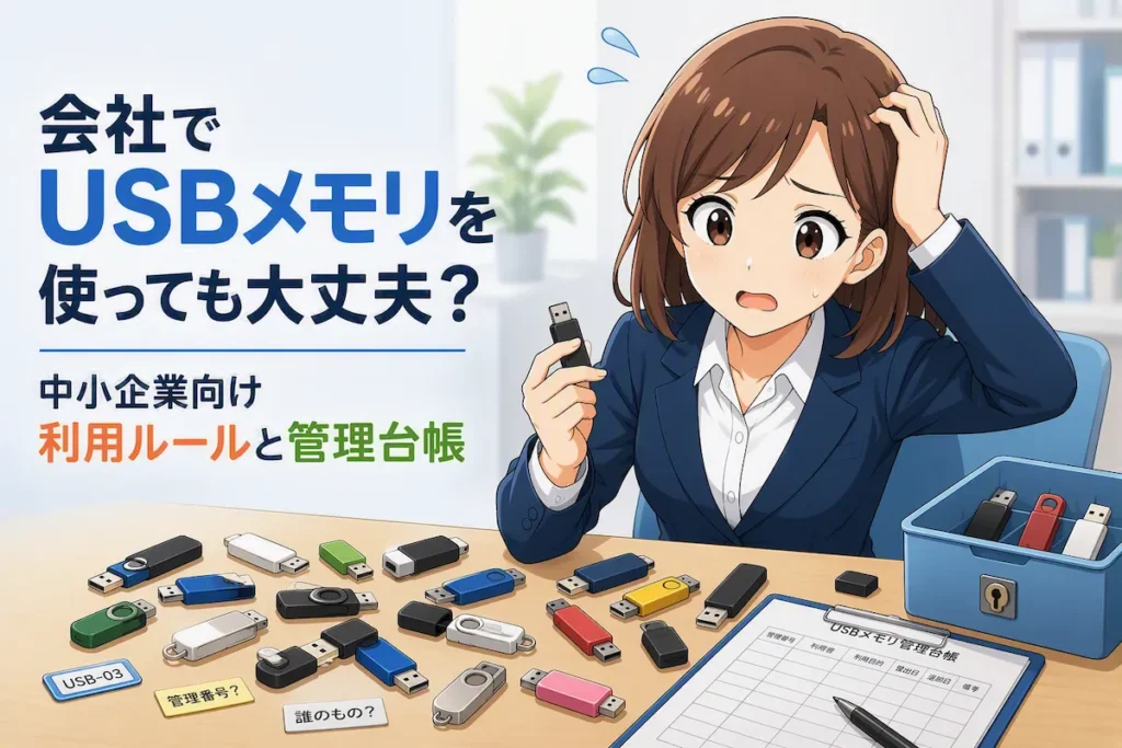 複数のUSBメモリを前に管理方法に困っている担当者とUSBメモリ管理台帳