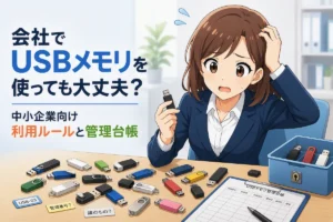複数のUSBメモリを前に管理方法に困っている担当者とUSBメモリ管理台帳
