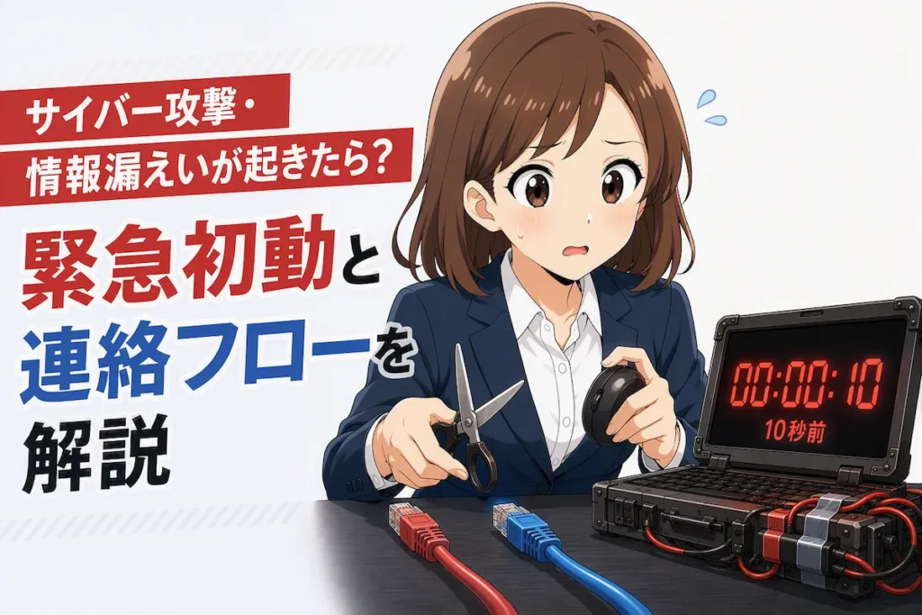 サイバー攻撃・情報漏えい発生時の緊急初動と連絡フローを表したアイキャッチ