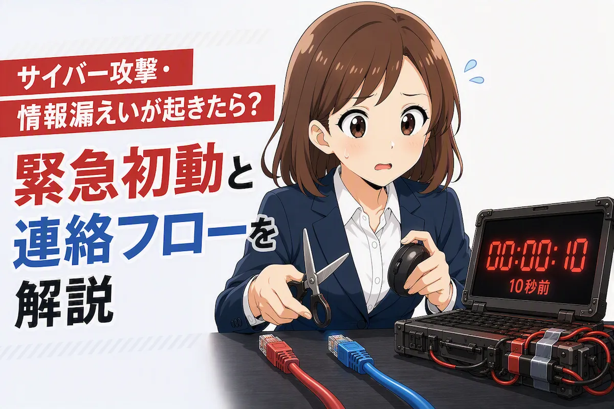 サイバー攻撃・情報漏えい発生時の緊急初動と連絡フローを表したアイキャッチ