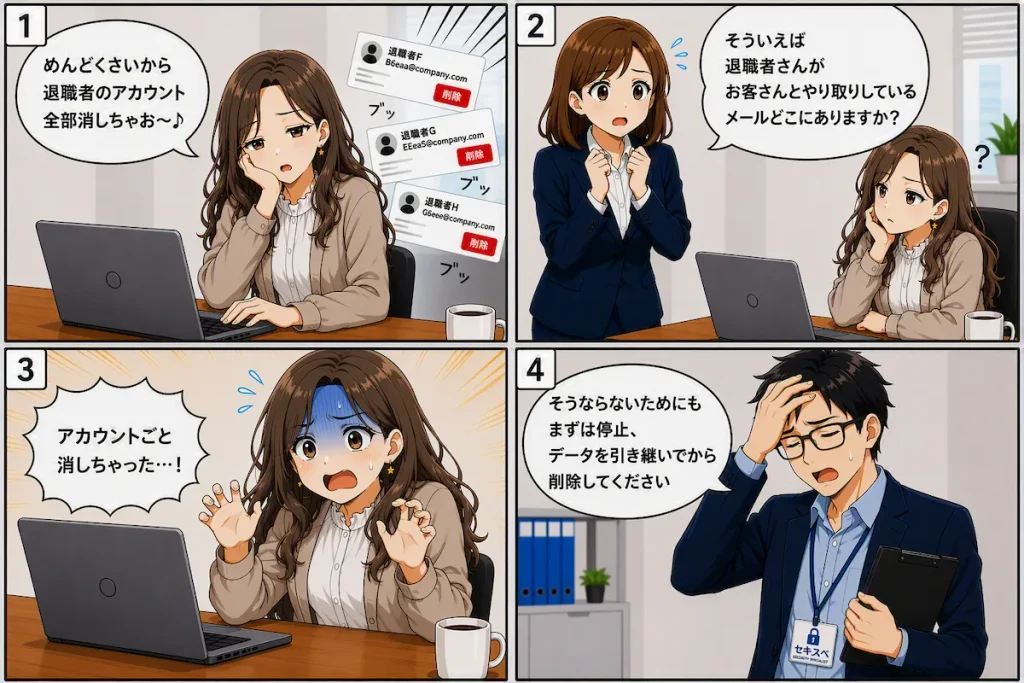アカウントを消してしまったため退職者のメールが見れなくなることを啓蒙する四コマ漫画