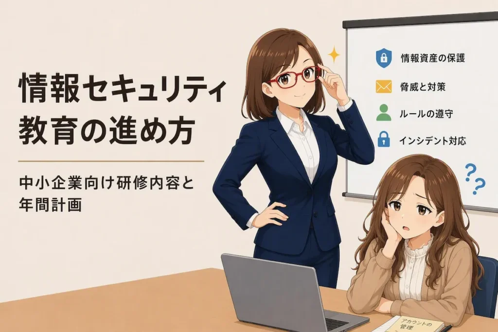 中小企業向けの情報セキュリティ教育で研修内容と年間計画を説明する講師