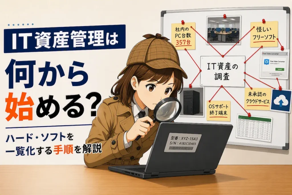 探偵姿の担当者が虫眼鏡でパソコンの型番を確認し、社内のハードウェアとソフトウェアを棚卸ししているイラスト