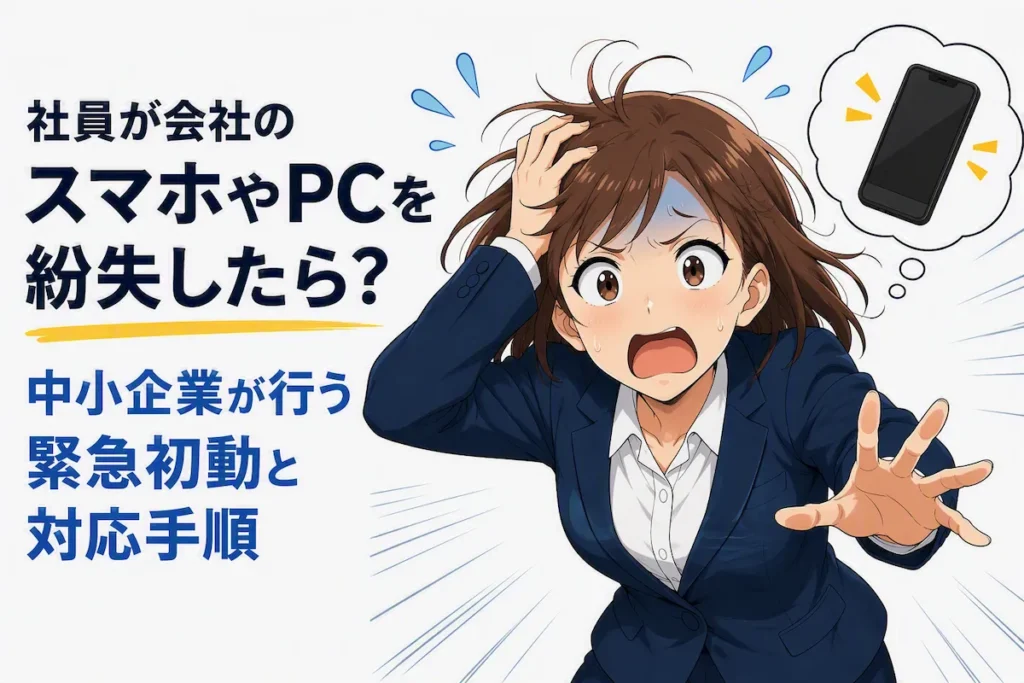 会社のスマホやPCを紛失し、対応に困る社員を描いたアイキャッチ画像