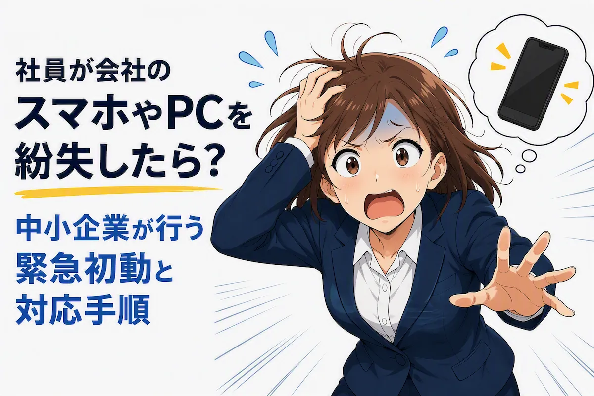 会社のスマホやPCを紛失し、対応に困る社員を描いたアイキャッチ画像