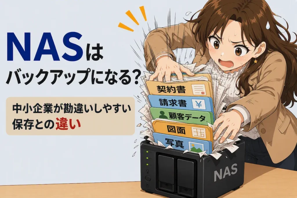 契約書や請求書などのデータをNASへ押し込むイラスト