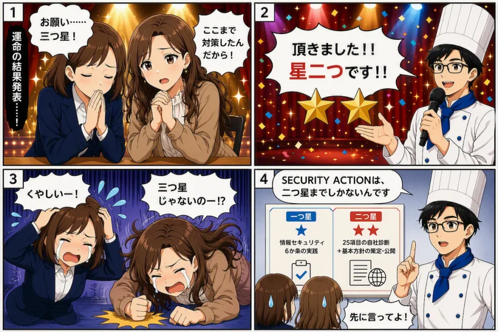 SECURITY ACTIONには三つ星がなく一つ星と二つ星から選ぶことを説明する4コマ漫画