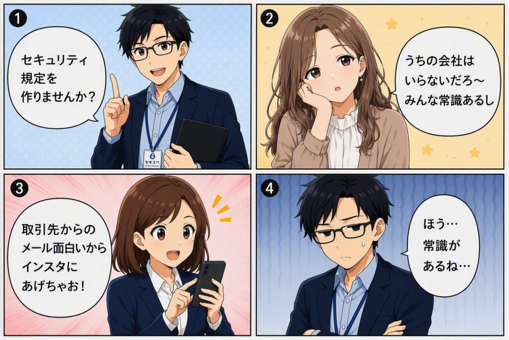 社内規定に関するやり取りをする企業の漫画