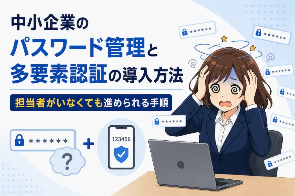多数のパスワード管理に困る担当者と中小企業向け多要素認証の導入方法のイラスト
