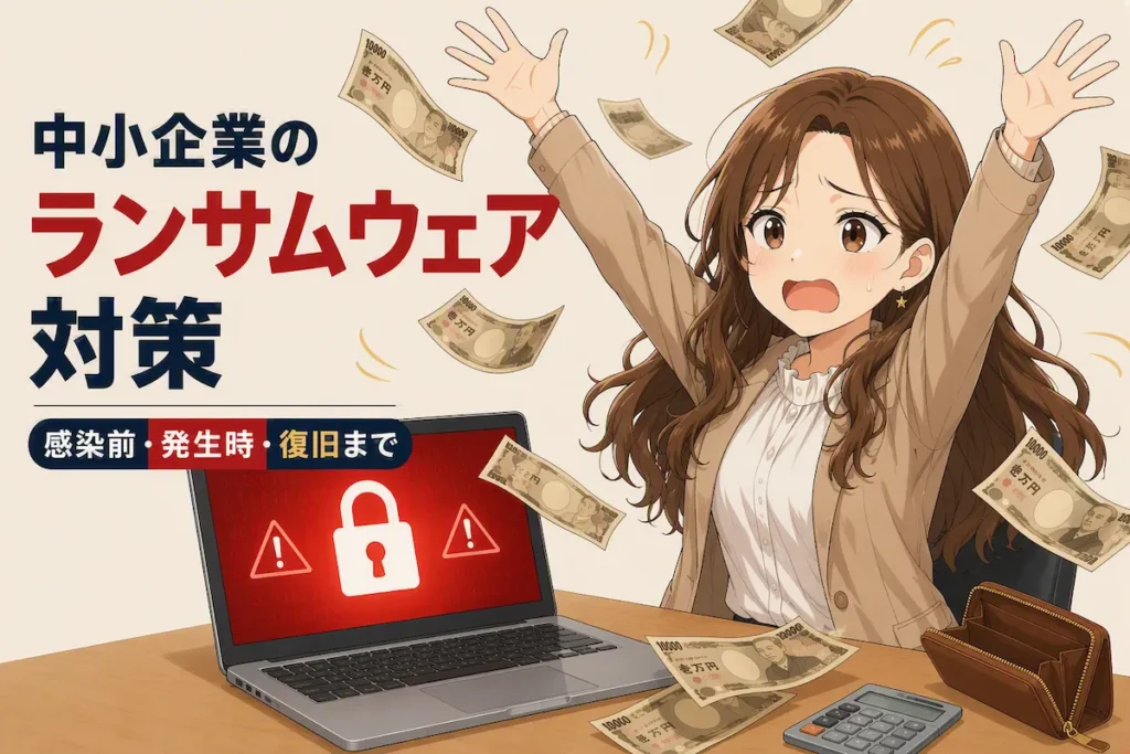 ランサムウェアに感染したパソコンの前で両手を上げる人物と、宙を舞う紙幣を描いた中小企業向けランサムウェア対策のイラスト
