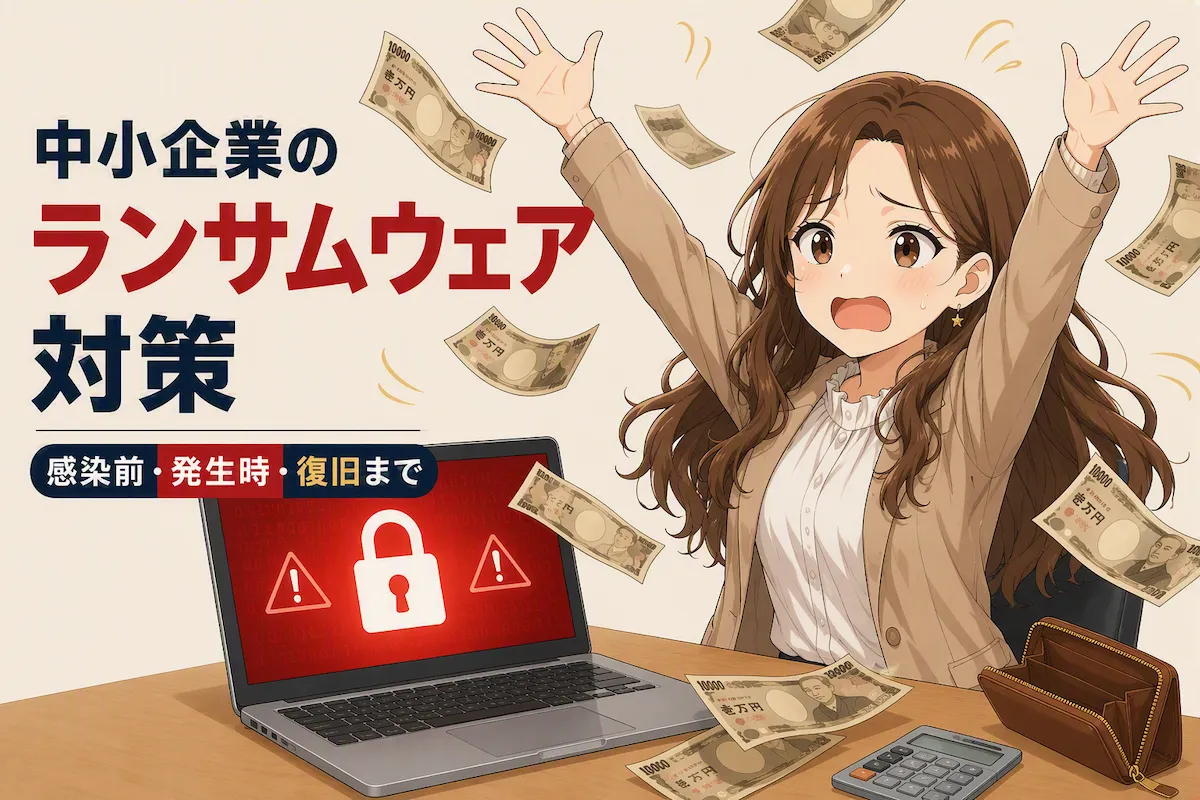 ランサムウェアに感染したパソコンの前で両手を上げる人物と、宙を舞う紙幣を描いた中小企業向けランサムウェア対策のイラスト