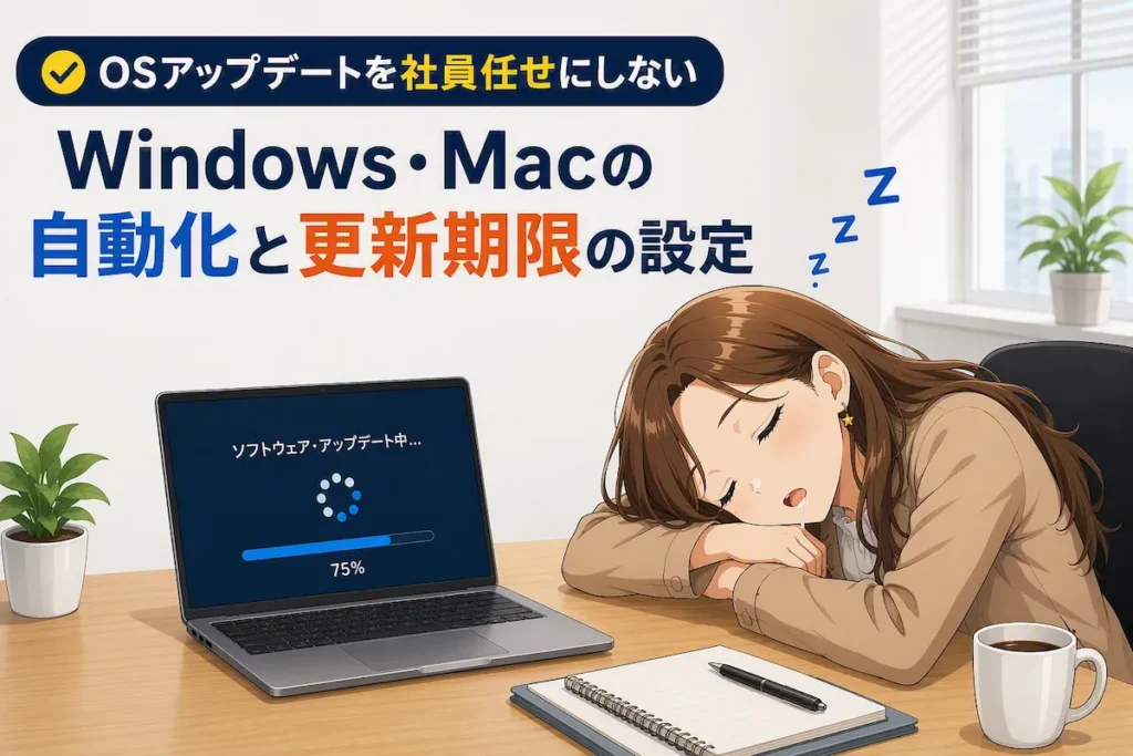 会社のパソコンでWindows・MacのOSアップデートが自動実行されている様子
