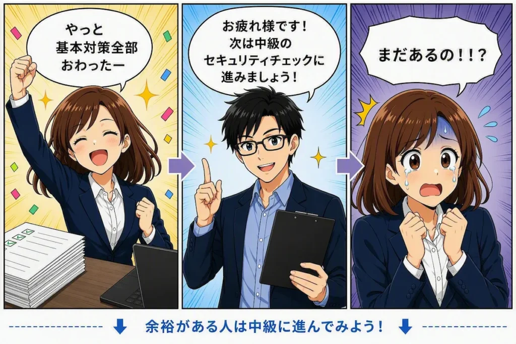 中級セキュリティチェックへ案内する3コマ漫画